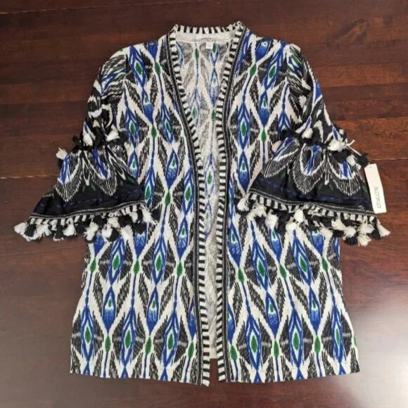 NWT Chicos 1 Womens M Ikat Fringe Tassel Open Cardigan 3/4 Bell Sleeve $129 - Picture 2 of 9